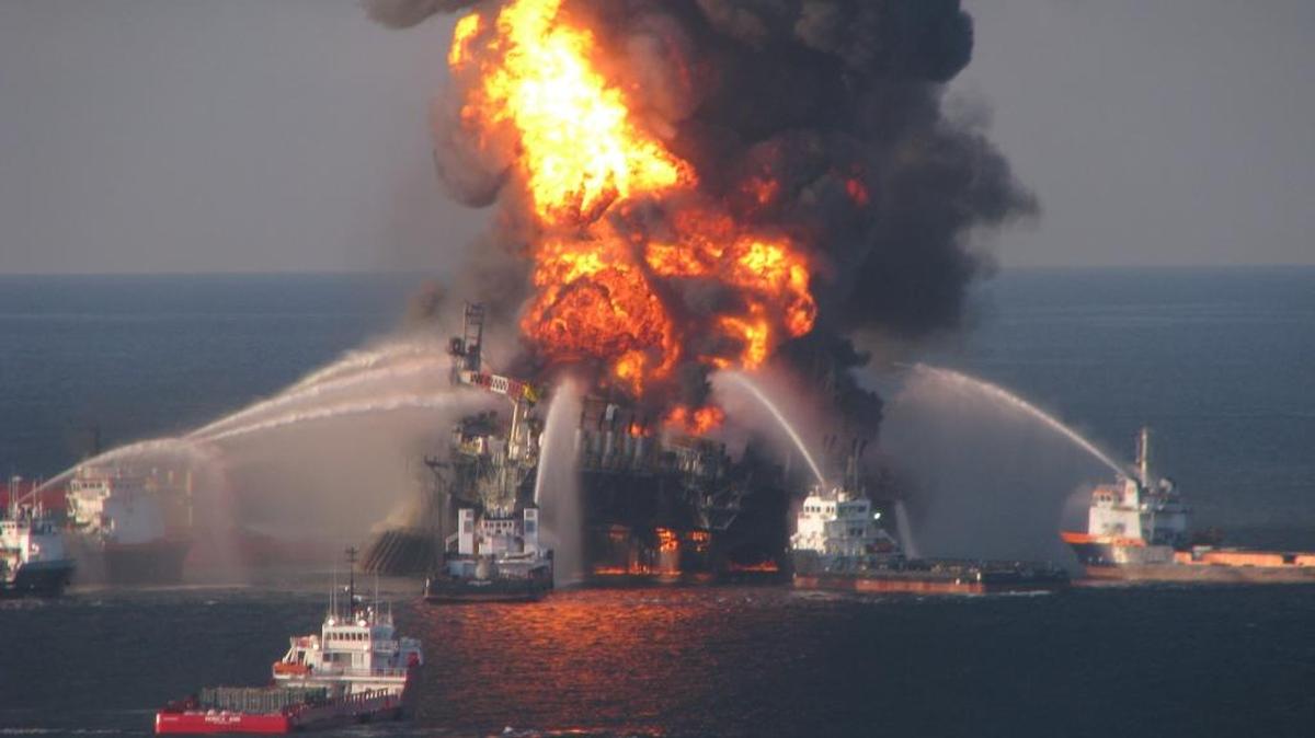 Fire boat response crews battle the blazing remnants of the off shore oil rig Deepwater Horizon in 2010.