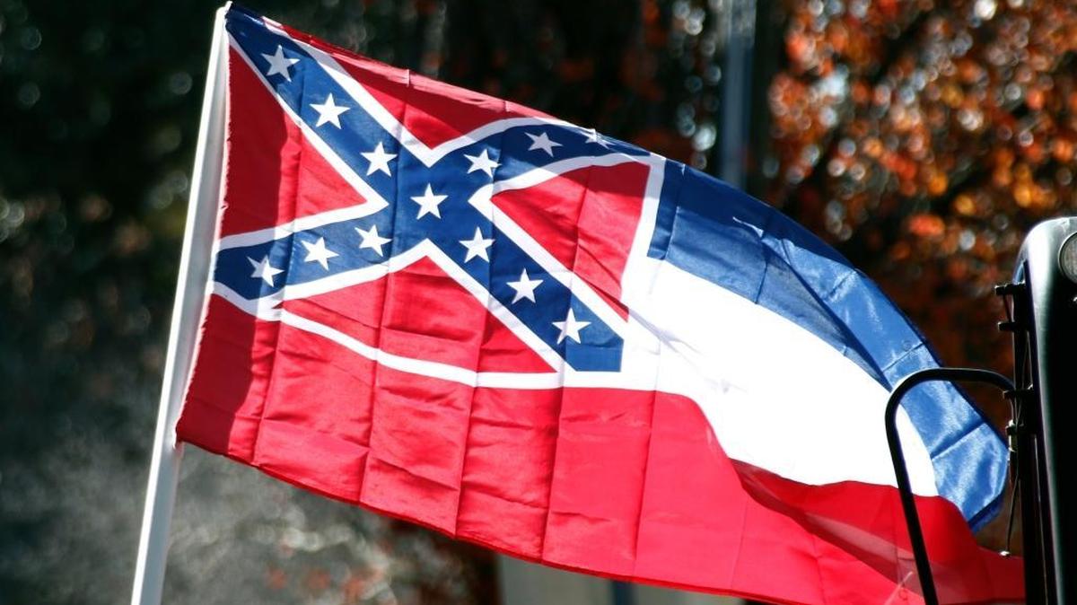 The state flag of Mississippi includes the controversial Confederate battle flag in the left corner.