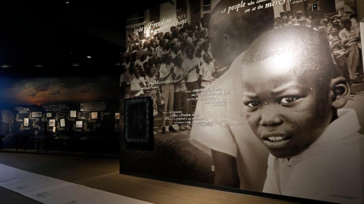 A large portrait of an African-American child greets visitors to the Mississippi Civil Rights Museum during a work progress tour in Jackson in June. The side-by-side museums are scheduled to open Dec. 9, with one dedicated to the telling of the civil rights struggle in the state, and the other, the Museum of Mississippi History encompassing the state’s history.