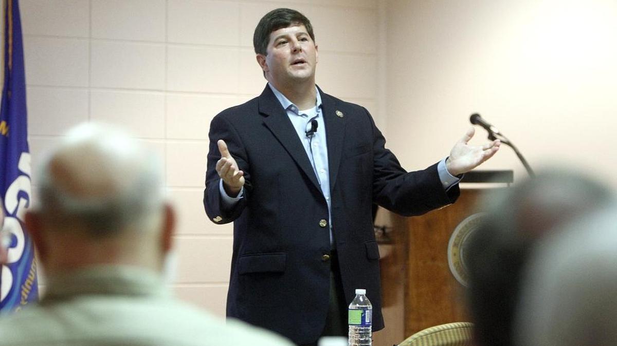 U. S. Representative Steve Palazzo addresses a packed lecture room during a Town Hall Meeting at the MGCCC Jackson County campus in Gautier in 2012.