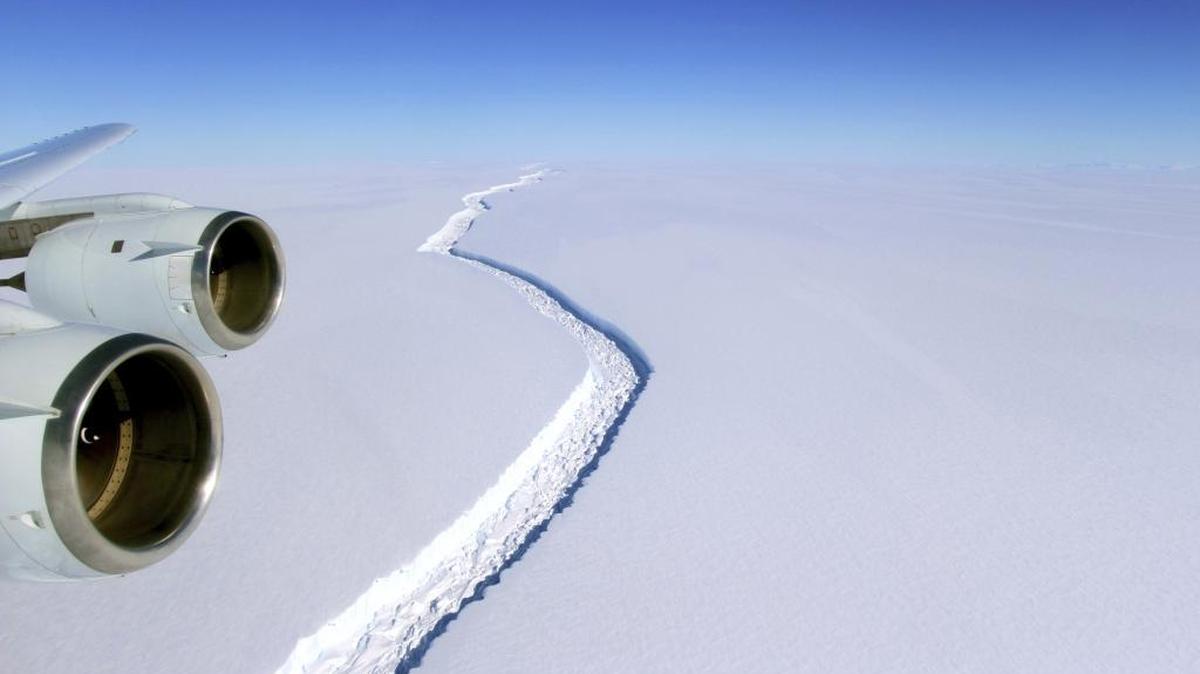 This Nov. 10 aerial photo released by NASA shows a rift in the Antarctic Peninsula’s Larsen C ice shelf.