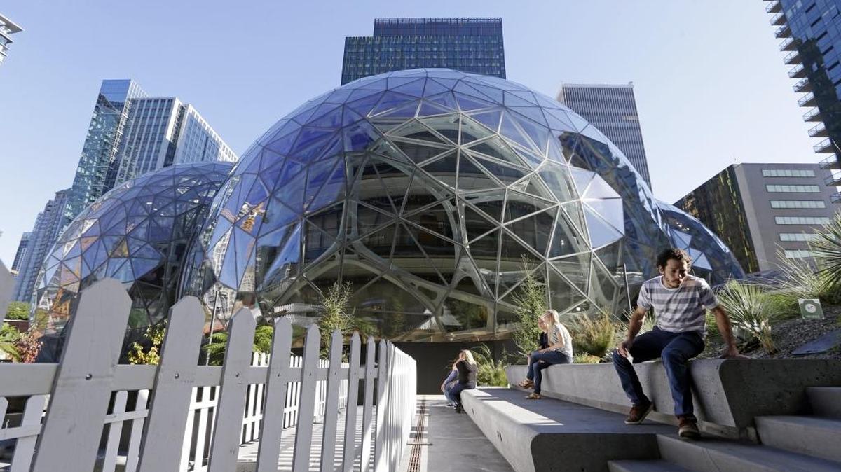Giant spheres are seen under construction Sept. 27 just outside Amazon’s Day One building in downtown Seattle.