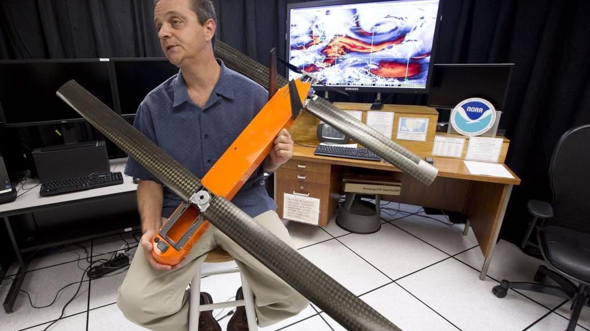 Joe Cione, who studies how storms interact with the ocean at the National Oceanic and Atmospheric Administration’s Hurricane Research Division in Miami, displays a research drone.