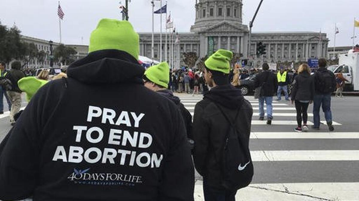 Anti-abortion demonstrators gather Jan. 21, 2017, at San Francisco City Hall for the 13th annual Walk for Life West Coast march. Jan. 22 is the 45th anniversary of Roe v. Wade, which legalized abortion in the United States.