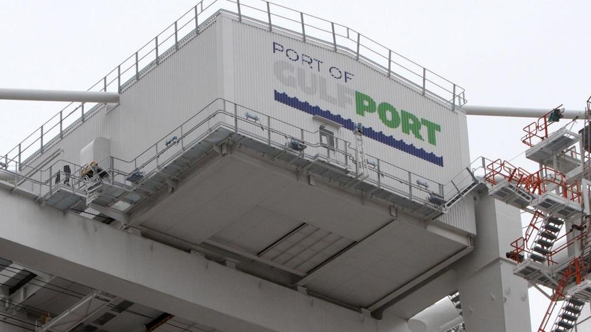 A building on top of one of the three new gantry cranes that were delivered to the Port of Gulfport on Friday March 18, 2016.