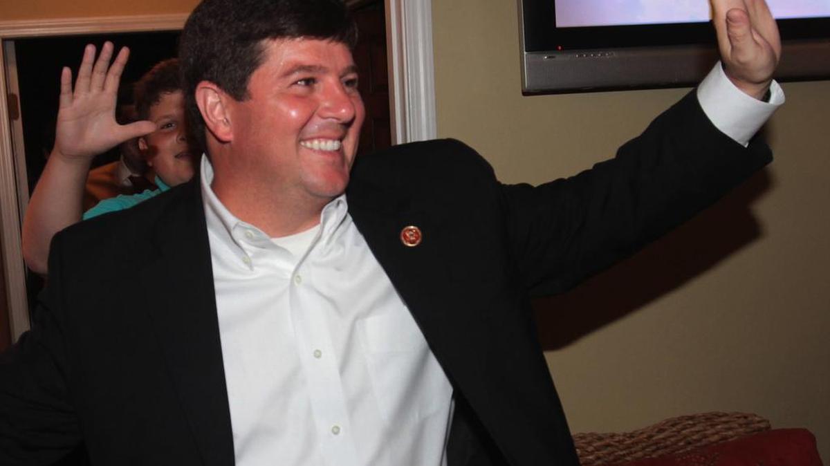 Rep. Steven Palazzo waves to supporters at Destiny Plantation in Biloxi after winning the republican primary for the 4th congressional seat in 2014.