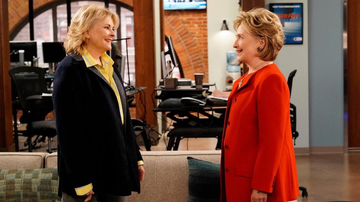 Candice Bergen as Murphy Brown and former Secretary of State Hillary Clinton meet in the premiere episode of CBS’ ”Murphy Brown” reboot.