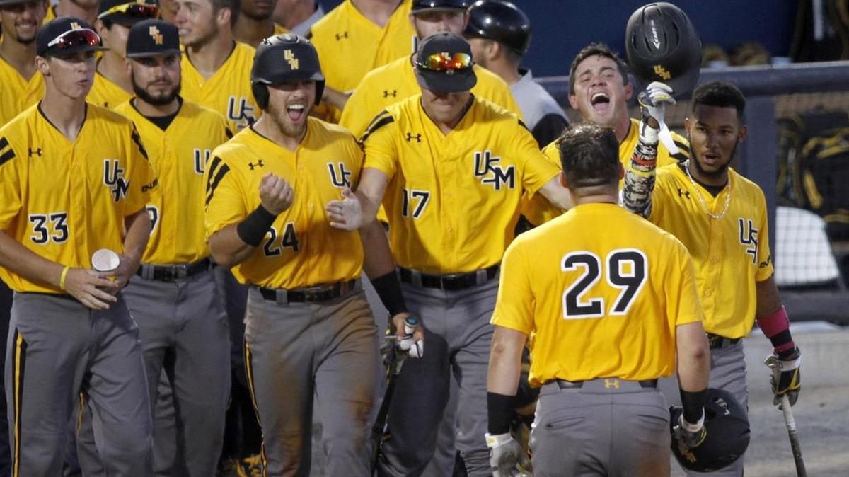 Southern Miss celebrates as Bryant Bowen returns to the dugout after hitting a home run during USM - UTSA game at C-USA tournament in Biloxi, Friday, May 26, 2017.