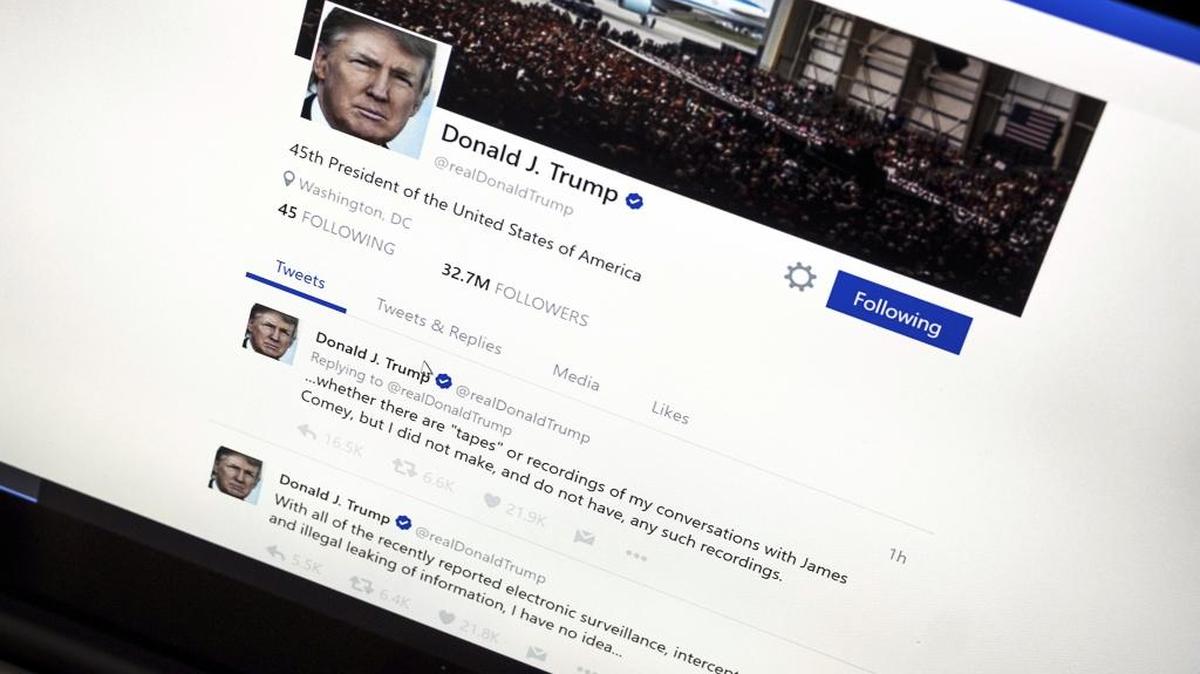 In this June 22, 2017, photo, President Donald Trump's Twitter page with his tweets about not recording his conversations with former FBI Director James Comey is photographed in Washington.