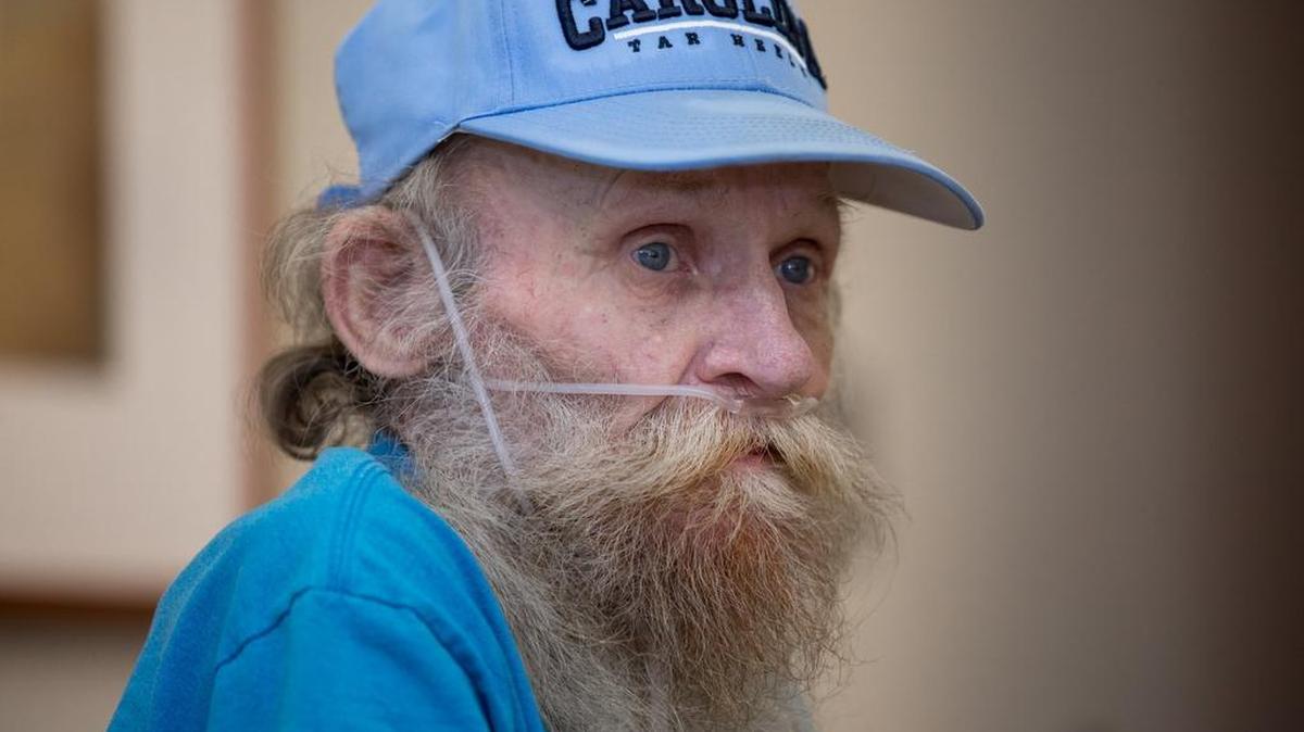 Cancer patient and Vietnam veteran Mike Webb on the first day in his new room in the hospice unit in the Extended Care Community Living Center at the Veterans Affairs hospital in Biloxi, on Wednesday March 15, 2017. Webb passed away two weeks later on March 31st.