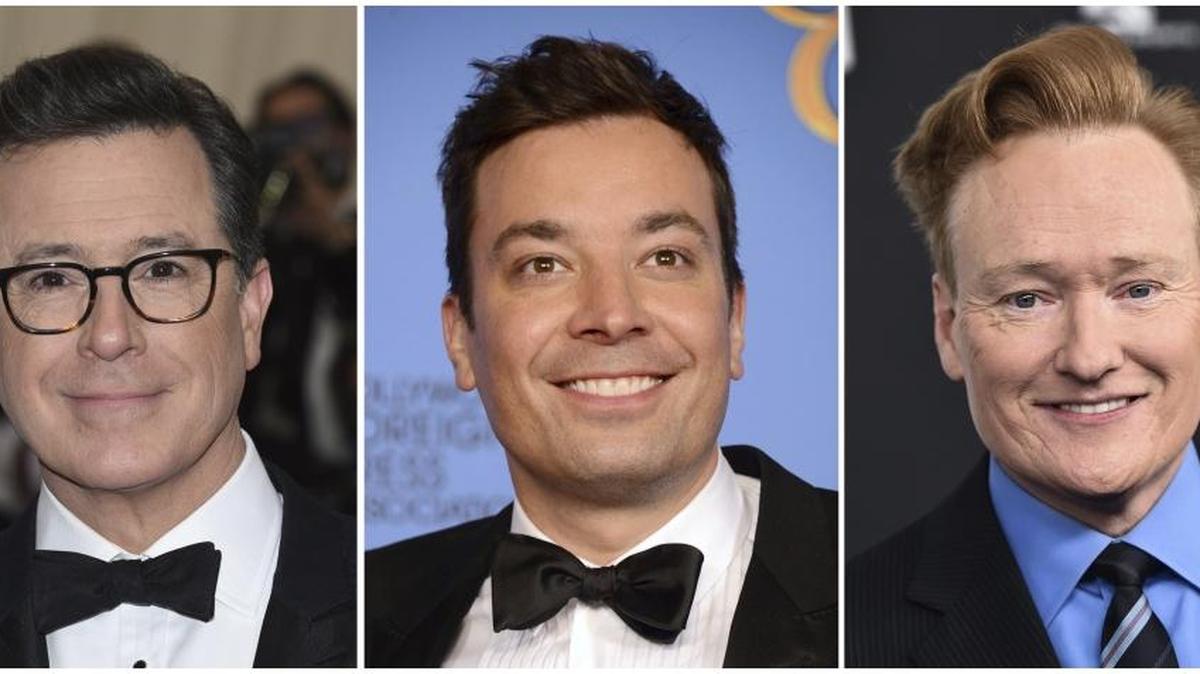 This combination of photos shows from left, Stephen Colbert on May 1, 2017 in New York, Jimmy Fallon in Jan. 12, 2014 in Beverly Hills, Calif., and Conan O'Brien on May 16, 2018, in New York. Colbert’s “Late Show” on CBS and Fallon’s “The Tonight Show” on NBC began Tuesday, June 26, 2018, with the taped segment in which the hosts video chatted about comments Trump made about them at Monday’s South Carolina rally. Fallon said he heard Trump said they were “all not talent, lowlifes, lost souls.” Colbert said that was TBS host Conan O’Brien, who appeared while shaving and said he didn’t realize Trump had become president.