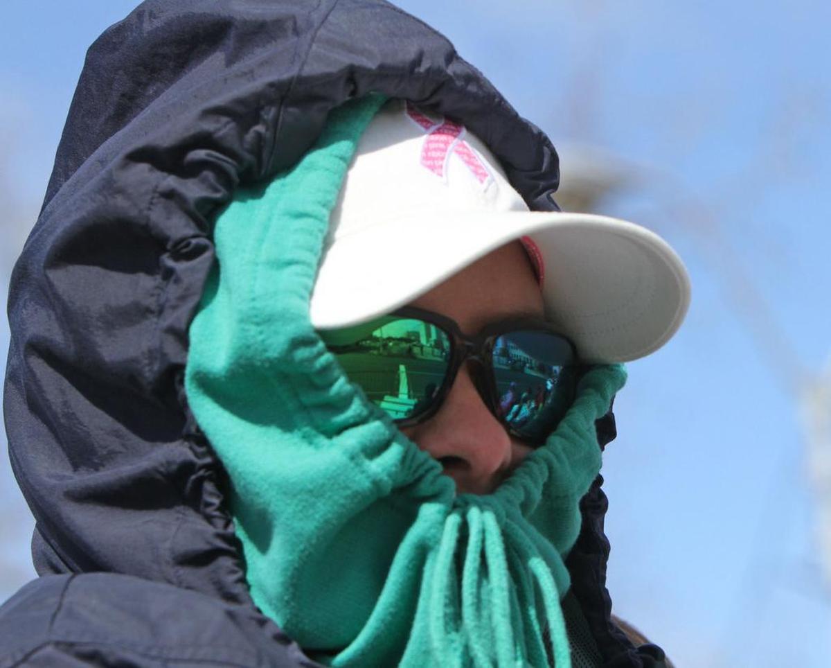 Michelle Girouard of Ocean Springs bundles against the cold during the Biloxi Children’s Walking Mardi Gras parade on Monday March 3, 2014.