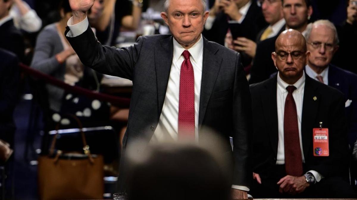 Attorney General Jeff Sessions is sworn in to testify before the Senate Intelligence Committee Tuesday.