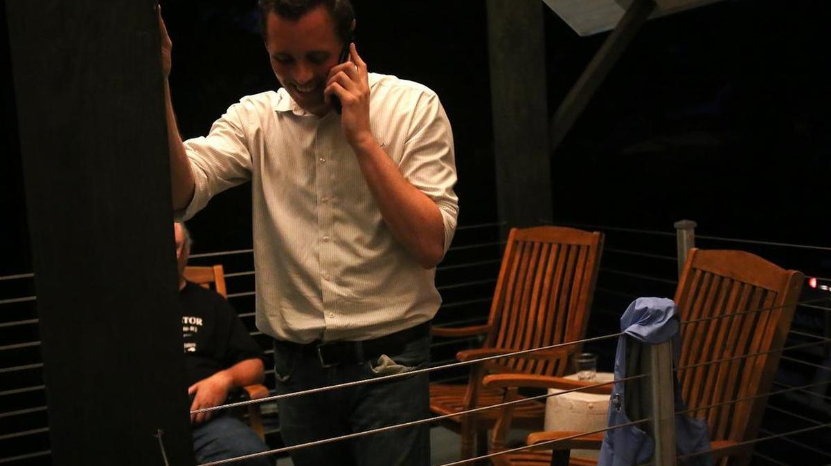 Shea Dobson takes a phone call on Tuesday, June 6, 2017, after learning he defeated incumbent Connie Moran to become the next mayor of Ocean Springs.