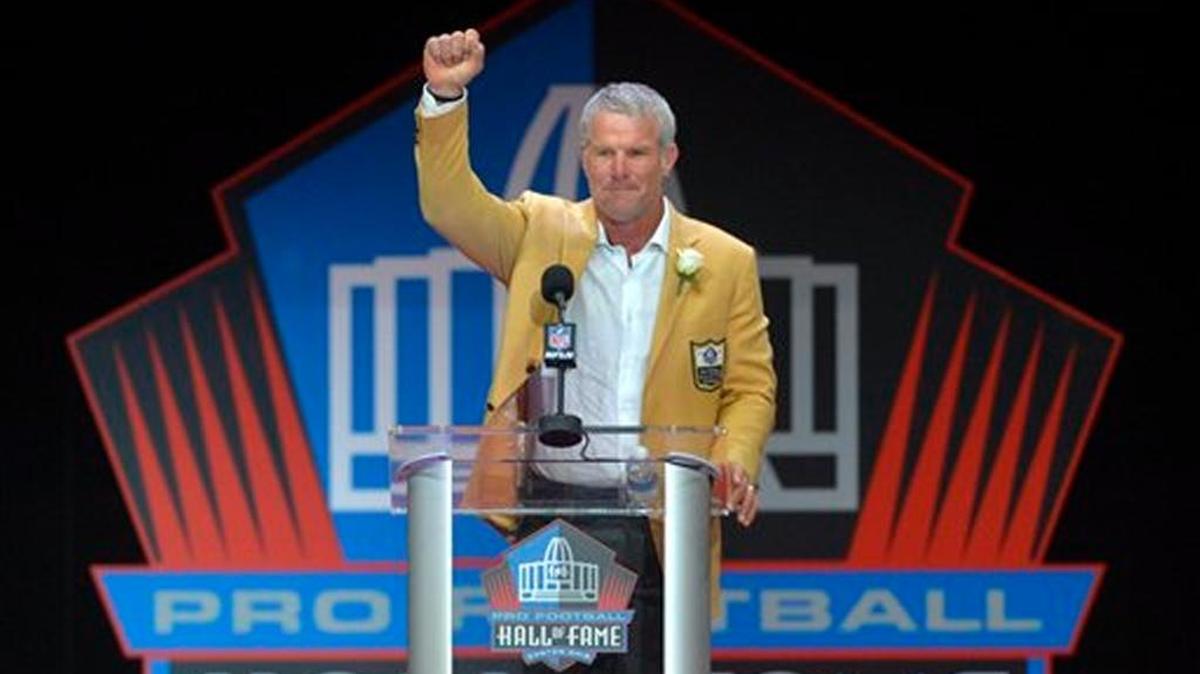 Former NFL player Brett Favre delivers his speech during an induction ceremony at the Pro Football Hall of Fame Saturday in Canton, Ohio.