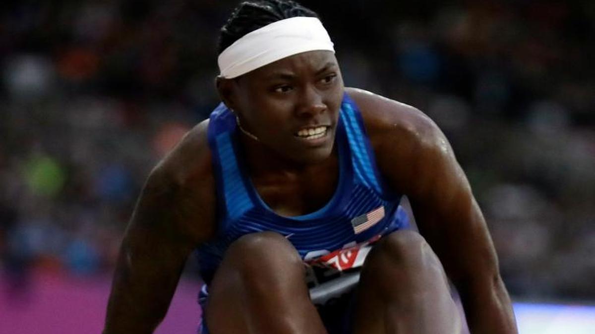 Brittney Reese makes an attempt in the women's long jump qualification during the World Athletics Championships in London Wednesday.