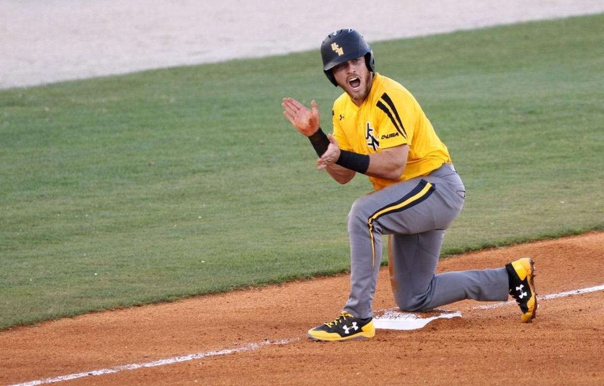 Dylan Burdeaux of Southern Miss fires up his team after making it to third base during the USM vs. UTSA game at the C-USA tournament in Biloxi. Photographer’s comment: Burdeaux was the heart and soul of the 2017 Southern Miss baseball team. I kept my camera trained on him as I was sure he would do something to fire up the team.