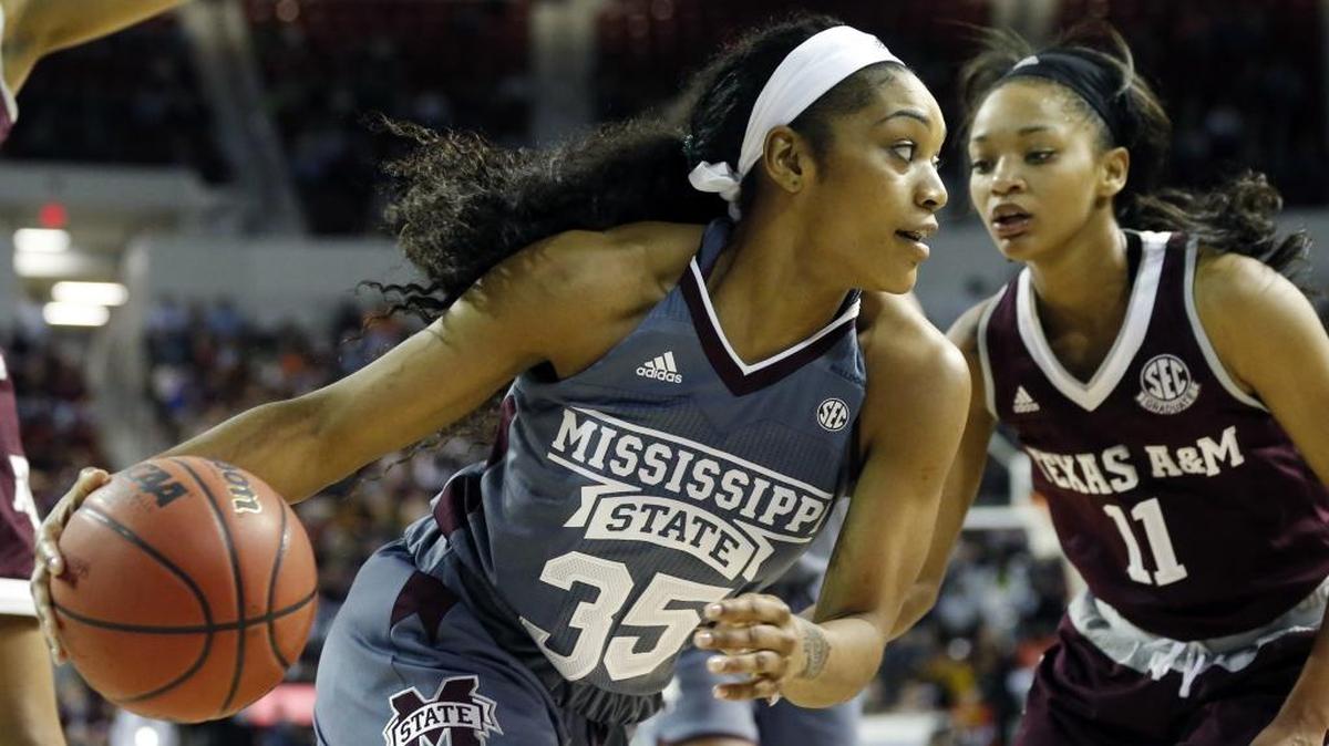 Mississippi State forward Victoria Vivians (35) dribbles past Texas A&M guard Curtyce Knox (11) in Starkville, Jan. 29, 2017.
