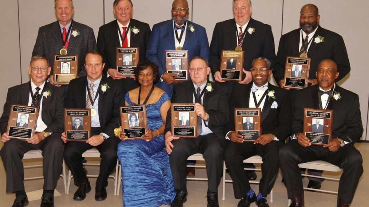2017 inductees into the Gulfport Sports Hall of Fame pose for a photo at the Lyman Community Center in Gulfport on Saturday, June 10, 2017. Front Row, from left are Julius Leon Regal, Jessie 'Mule' Harrison, Beverly Coleman, Wilson 'Ted' Miller, Jr., Patrick Davis and Richard Harvey, Sr. Back row, from left are Steve Smith, Eddie Ladner, Roman Grace, John S. 'Johnny' Adams and Frankie Pilate. Not pictured is John May.