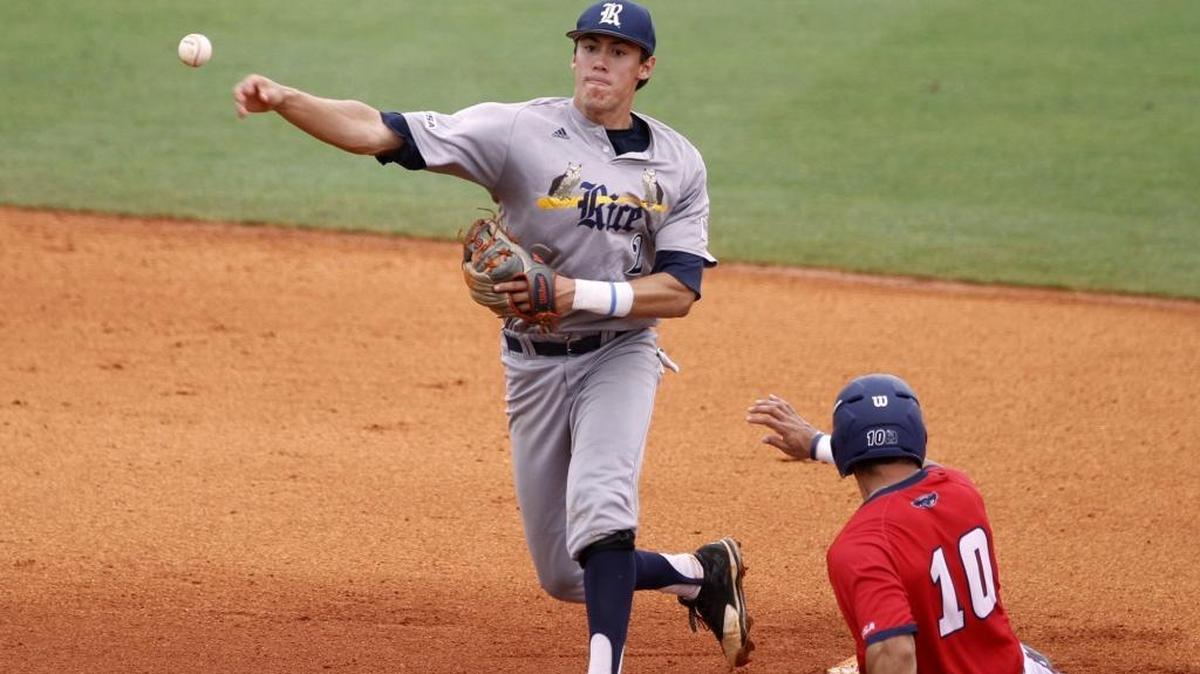 Rice second baseman Tristan Gray turns a double play as FAU's David Miranda slides into second during Rice - FAU game at C-USA tournament, Saturday, May 27, 2017.