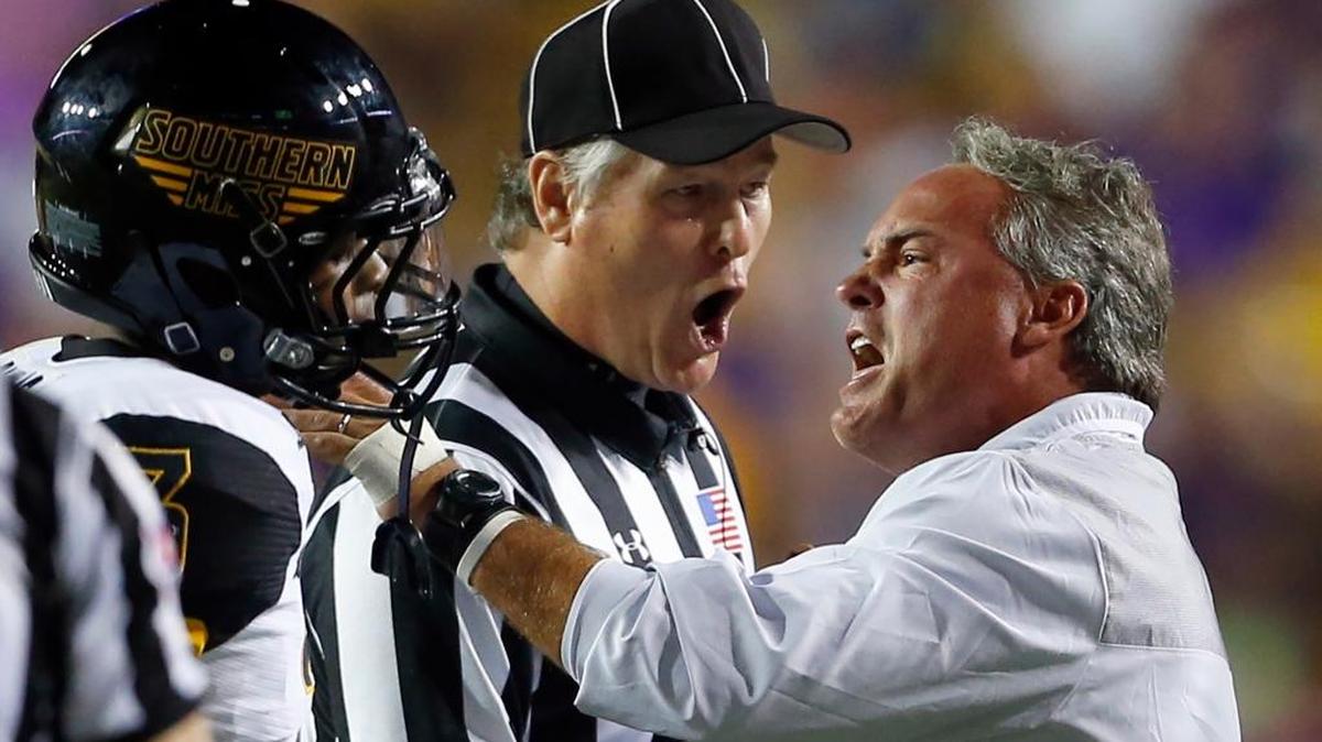 Southern Mississippi coach Jay Hopson reacts to a call during the first half of an NCAA college football game against LSU Saturday in Baton Rouge, La.