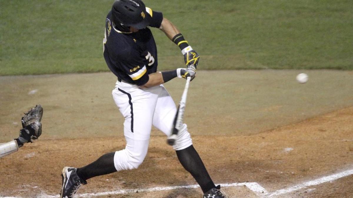 Daniel Keating of Southern Miss takes a swing at a Mississippi State pitch during Hattiesburg Regional Tournament on Monday, June 5, 2017.