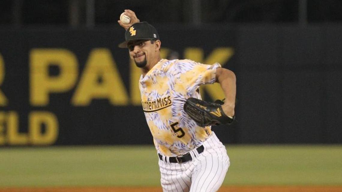 Southern Miss right-hander Nick Sandlin offers a pitch Friday night against Georgia Southern at Pete Taylor Park in Hattiesburg.