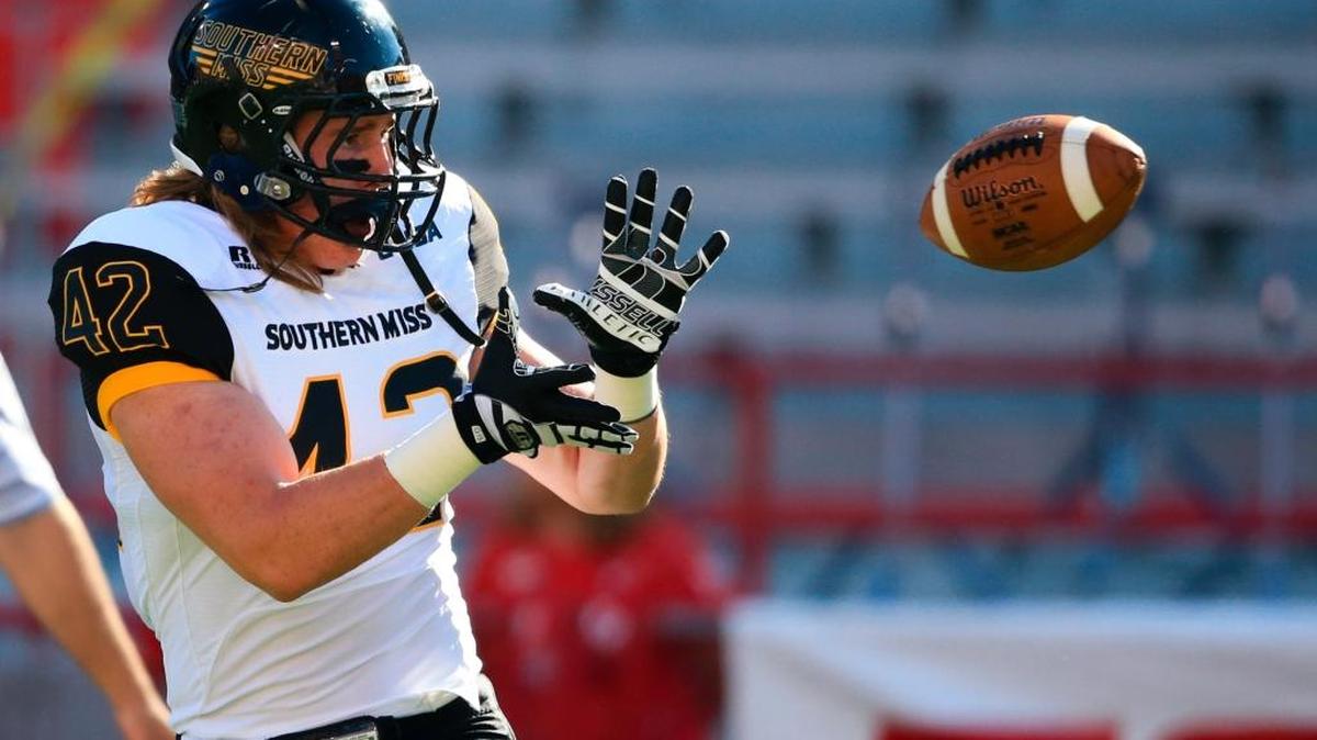 Southern Miss tight end Taylor Marini makes a catch before a game against Nebraska in Lincoln, Neb., on Sept. 26, 2015.