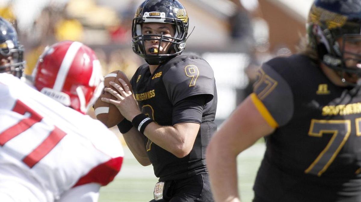 Southern Miss quarterback Nick Mullens looks for an open receiver against Austin Peay on Sept. 12, 2015, in Hattiesburg.