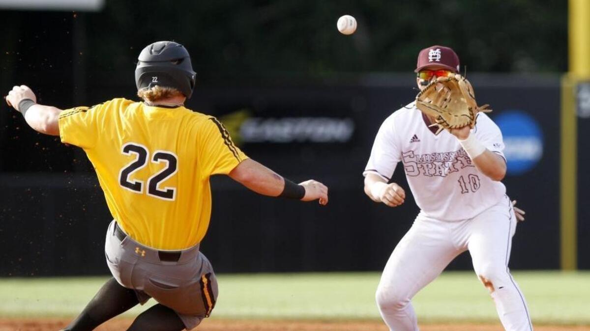 Mississippi State shortstop Ryan Gridley waits on the throw as Taylor Braley of Southern Miss is forced out at second during Hattiesburg Regional Tournament on June 5, 2017, at Pete Taylor Park.