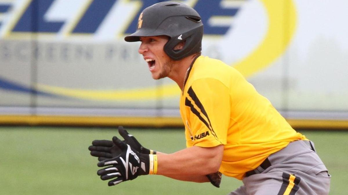 Southern Miss outfielder Mason Irby yells after hitting a double against South Alabama during the first inning of their NCAA Regional baseball game at Pete Taylor Park in Hattiesburg on June 4, 2017.