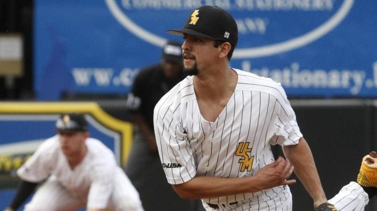 Southern Miss starting pitcher Nick Sandlin throws against Mississippi State during the first inning of their game at Pete Taylor Park in Hattiesburg on Friday, Feb. 16, 2018.