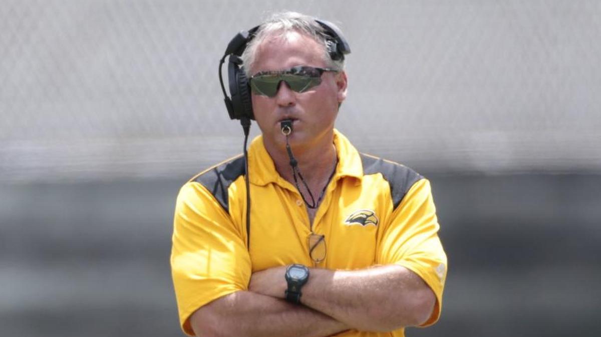 Southern Miss coach Jay Hopson watches from the field during the 2018 spring game at Roberts Stadium in Hattiesburg on April 21.