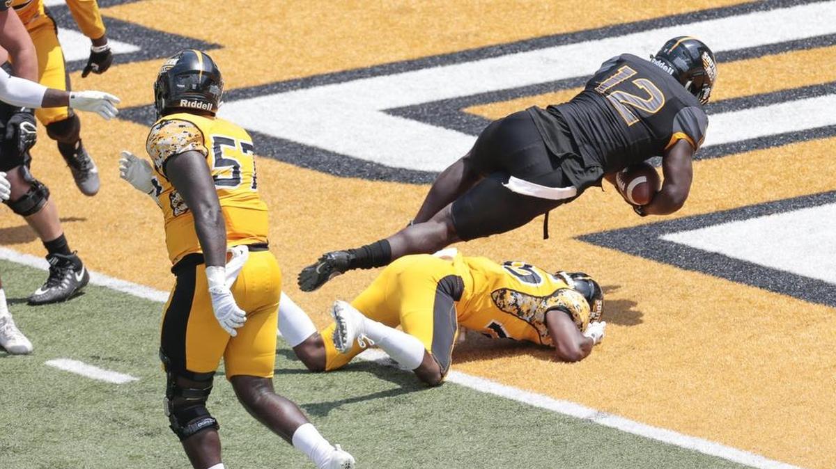 Southern Miss running back Steven Anderson scores late in the 2018 Spring Football Game at M.M. Roberts Stadium, Hattiesburg, Miss., Saturday, April 21, 2018.