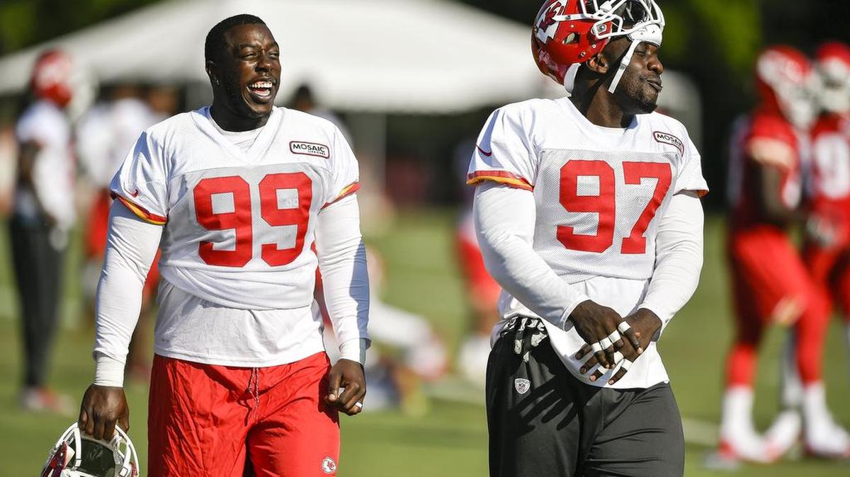Chiefs defensive linemen Rakeem Nunez-Roches (left), who showed up at training camp about 25 pounds heavier than when he left last season, shared a laugh with Allen Bailey before a practice at Missouri Western State in St. Joseph.