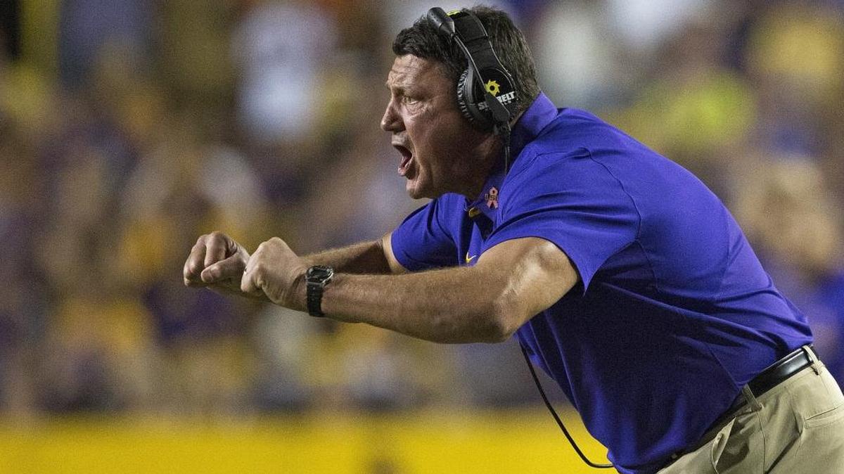 LSU interim coach Ed Orgeron yells directions during the second half Missouri in Baton Rouge, La., on Oct. 1.