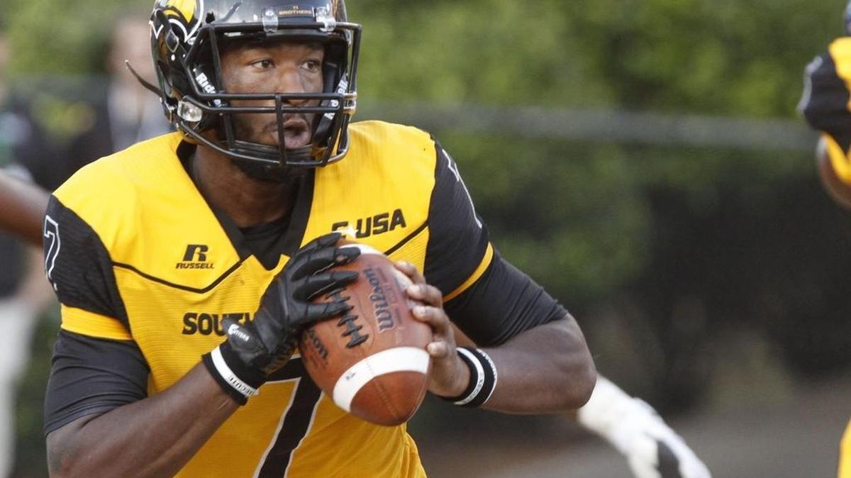 Southern Miss quarterback Kwadra Griggs looks for a receiver during the fourth quarter of their game against Kentucky at M.M. Roberts Stadium in Hattiesburg on Saturday.