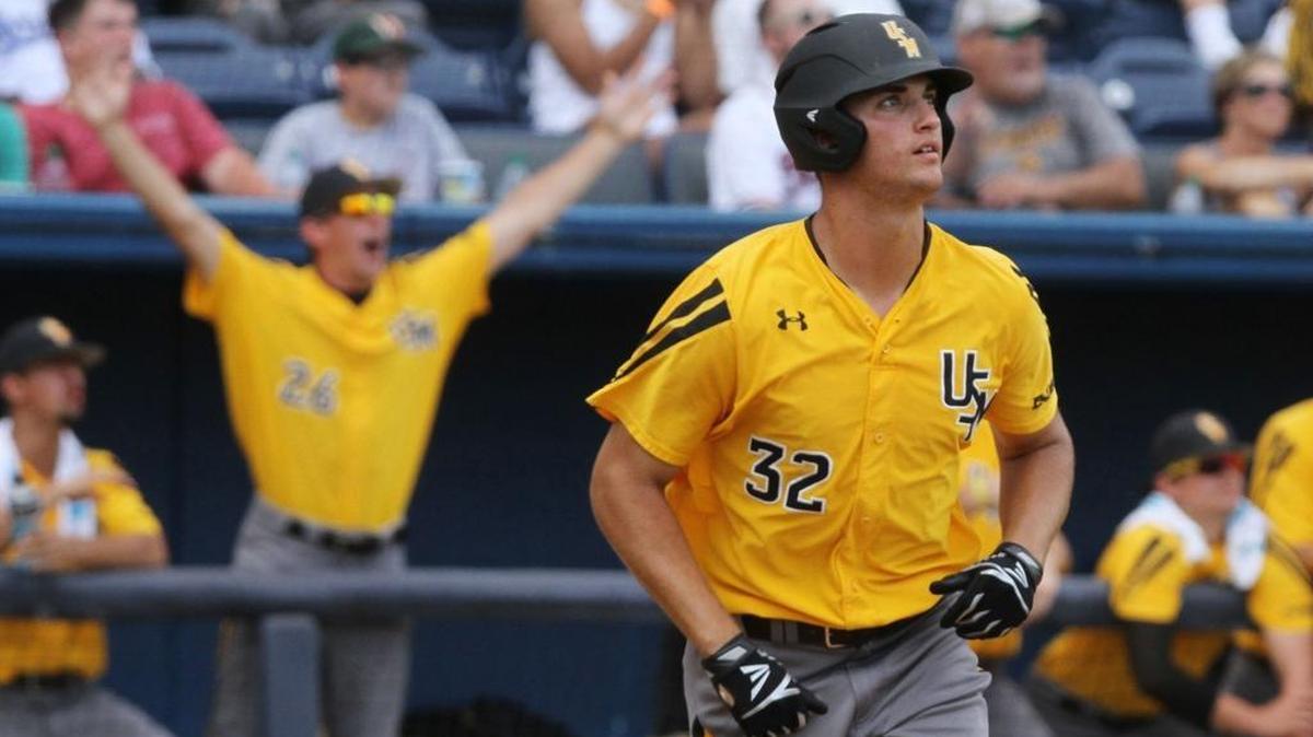 Southern Mississippi centerfielder Matt Wallner runs to first after hitting a solo home run to give USM a 2-0 lead over Rice during the fourth inning of their C-USA tournament championship game at MGM Park in Biloxi on Sunday, May 28, 2017. USM announced Tuesday that the Hattiesburg Regional is sold out.