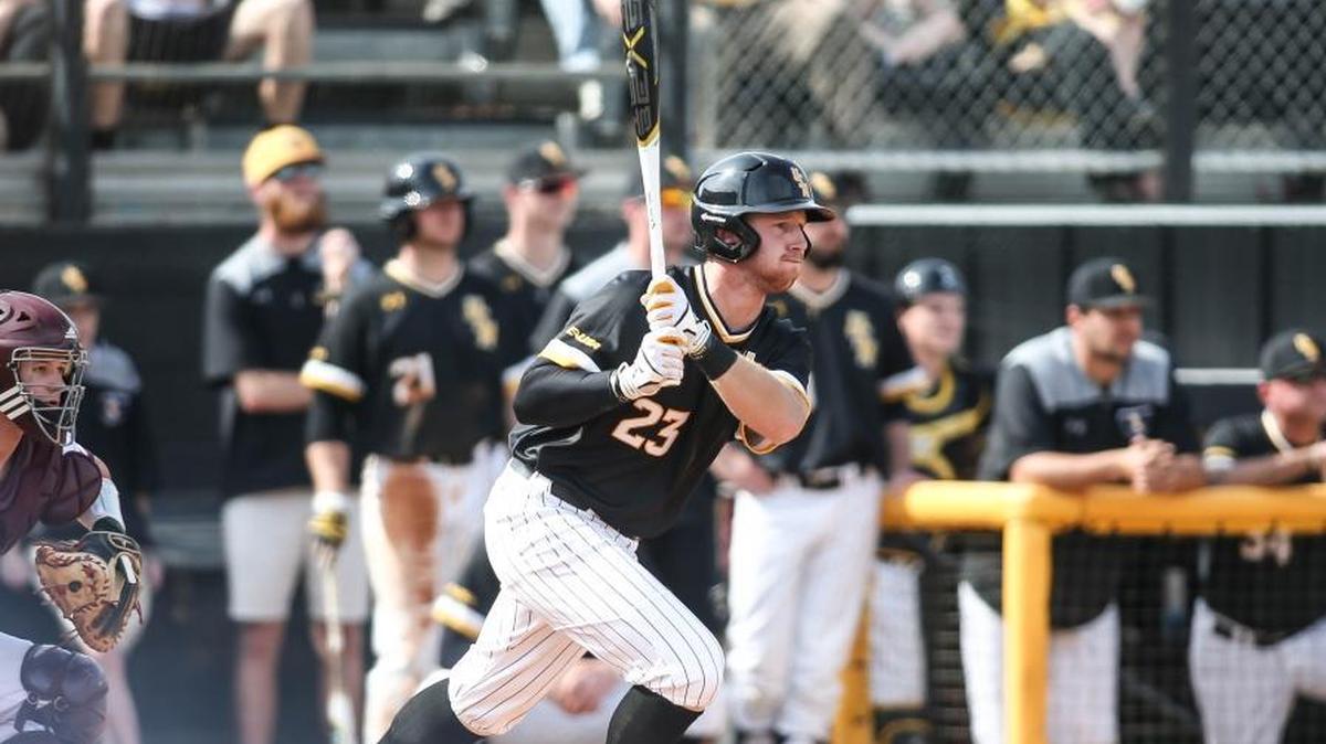 Southern Miss third baseman Luke Reynolds follows through on a hit during Sunday’s 5-2 win over Mississippi State on Sunday in Hattiesburg.