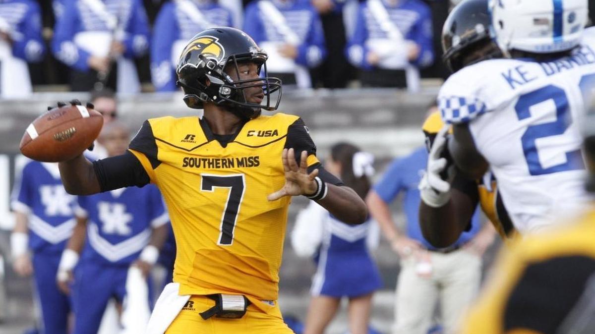 Southern Miss quarterback Kwadra Griggs throws the ball against Kentucky during the third quarter of their game at Roberts Stadium in Hattiesburg on Sept. 2, 2017.