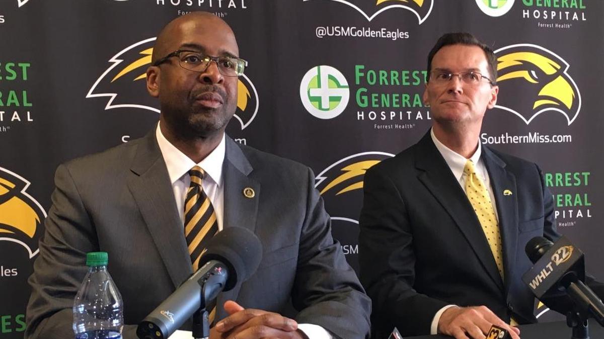 Southern Miss president Rodney Bennett, left, sits by new athletic director Jon Gilbert at his introductory press conference on Jan. 24, 2017, in Hattiesburg. Gilbert stepped down on Sunday and Bennett has laid out his plan to find his replacement.