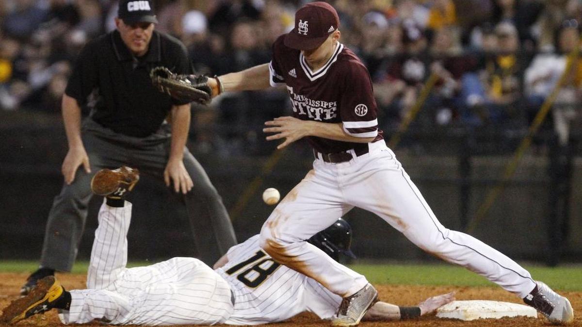 Mississippi State first baseman Josh Hatcher bobbles a bad throw on an attempt to pick off Southern Miss runner Cole Donaldson during the sixth inning of their game at Pete Taylor Park in Hattiesburg on Friday, Feb. 16, 2018.
