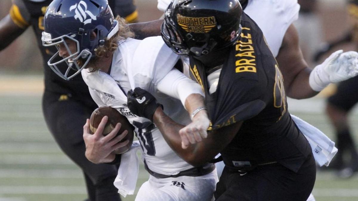 Dylan Bradley of Southern Miss sacks Rice quarterback Tyler Stehling last week in Hattiesburg.