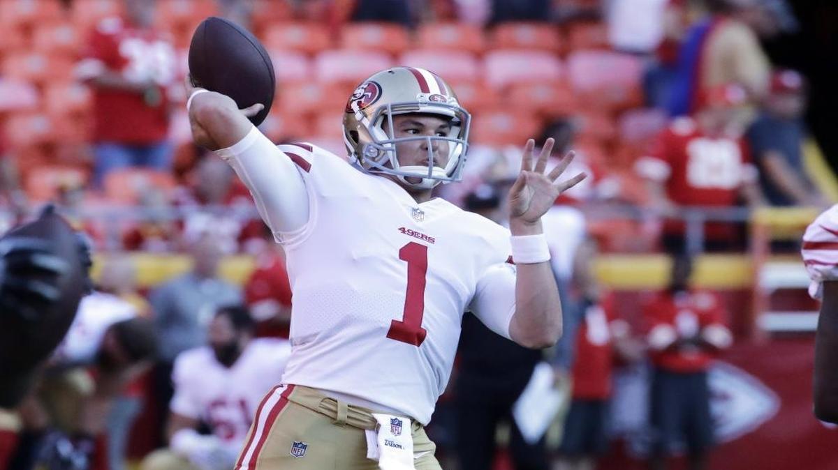 San Francisco 49ers third-string quarterback Nick Mullens, seen warming up before a 2017 preseason game, may see his first NFL start Thursday night -- a big reason Oakland has a big upset shot.