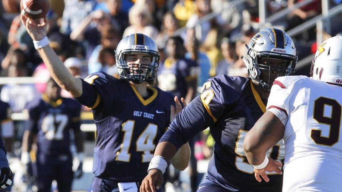 MGCCC quarterback Larry Sisson throws downfield against PRCC during the second quarter of their game at A.L. May Stadium in Parkinson on Saturday Oct. 22, 2016. MGCCC opens the 2017 season at home against Itawamba.