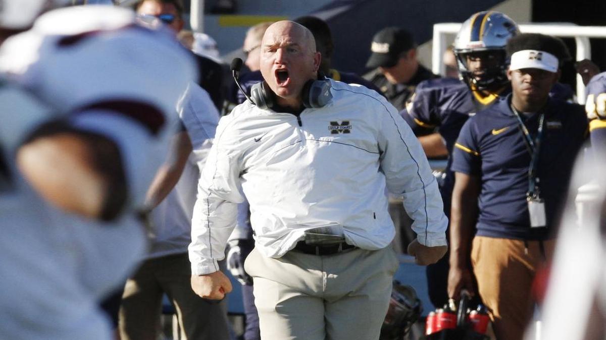 Mississippi Gulf Coast Community College head coach Chad Huff yells at his players during the second quarter of their game against Pearl River Community College at A.L. May Stadium in Parkinson on Saturday Oct. 22, 2016. MGCCC travels to East Mississippi on Saturday to open the MACJC playoffs.