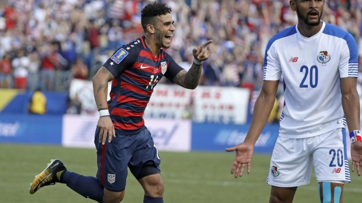 United States' Dom Dywer (14) celebrates after scoring a goal as Panama's Anibal Godoy (20) reacts during a CONCACAF Gold Cup soccer match Saturday in Nashville, Tenn.