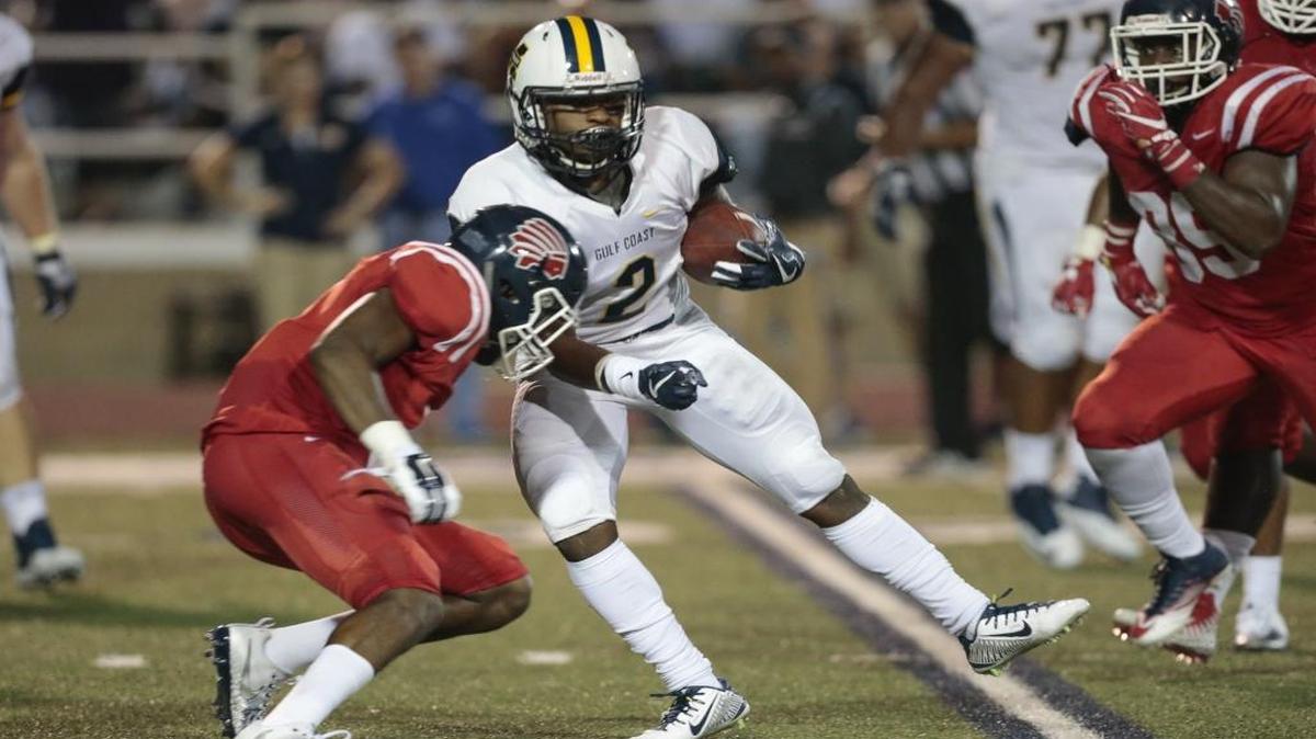 Mississippi Gulf Coast CC Bulldogs running back Terrion Avery (2) is stopped after a short gain during the game between Ittawamba CC and MGCCC at A.L. May Memorial Stadium, Perkinston, MS, Thursday, August 31, 2017