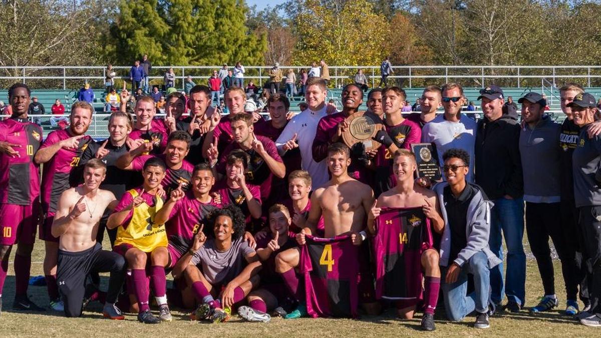 The Pearl River men’s soccer team celebrates on the field at Freedom Ridge Park in Ridgeland Sunday after the Wildcats defeated Mississippi Gulf Coast in the championship game of the MACJC/Region 23 State Tournament.
