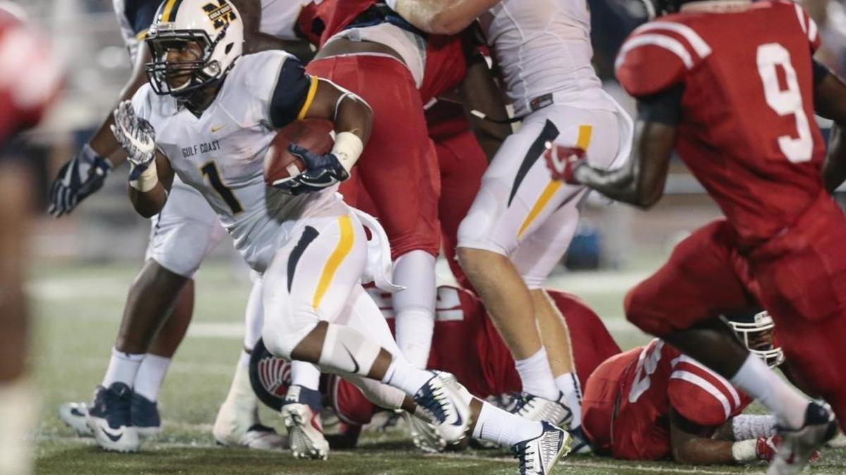 Mississippi Gulf Coast Community College running back Deandre Torrey (1) breaks for a long gain against Itawamba at A.L. May Memorial Stadium, Perkinston, Thursday, August 31, 2017. Gulf Coast visits Hinds on Thursday.